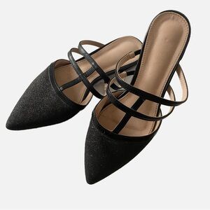 Allegra K, Glitter Pointed Toe T Strap Slip On Flats Mules